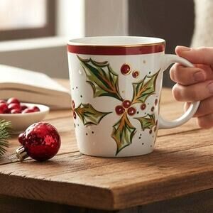 🎄 Vintage Christmas Mug ☕ Green Holly Berry Holiday Festive Cup 💛❤️💚